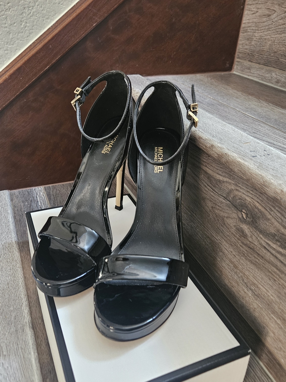 MICHAEL Michael Kors Black Patent Leather Ankle-Strap Platform Heels